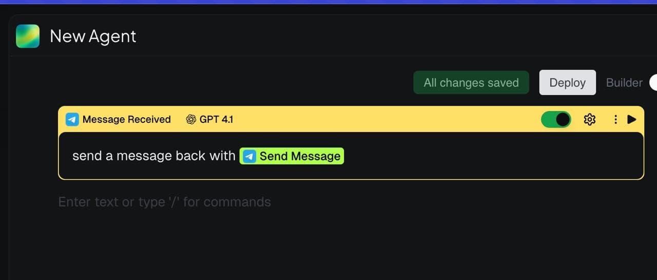 A Message Received trigger contains an instruction to reply using the Send Message tool.