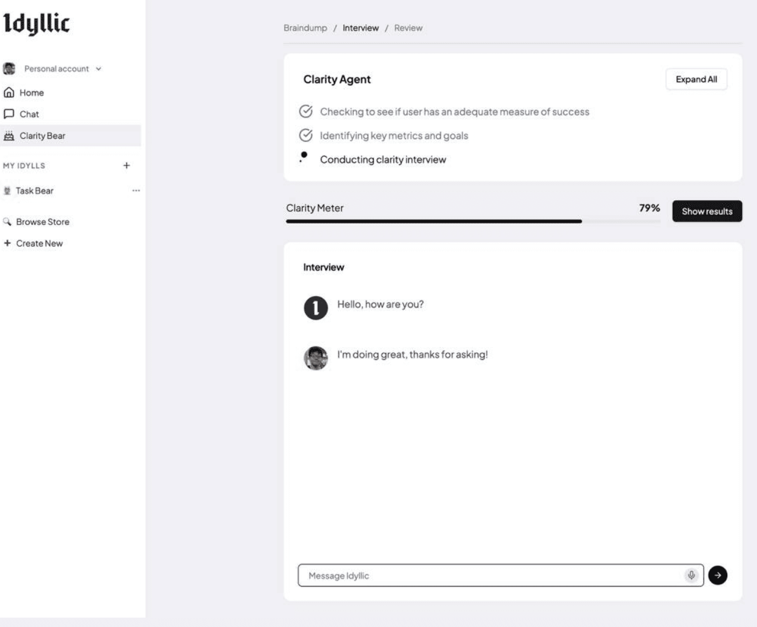 Clarity Agent interface with an example clarity percentage, agent progress, a Show results control and a sample greeting exchange.