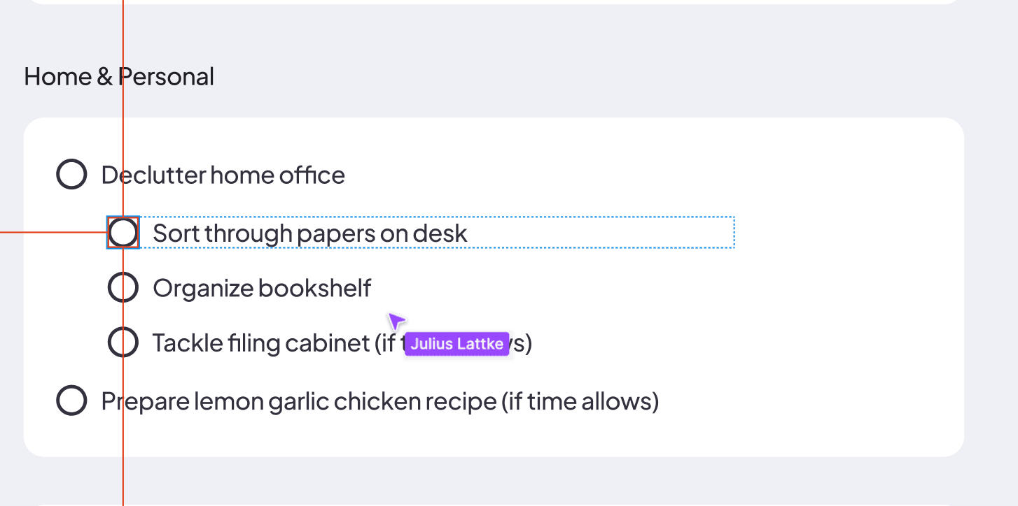 Nested Task Bear checklist in Figma, with selection guides and Julius Lattke’s cursor visible.