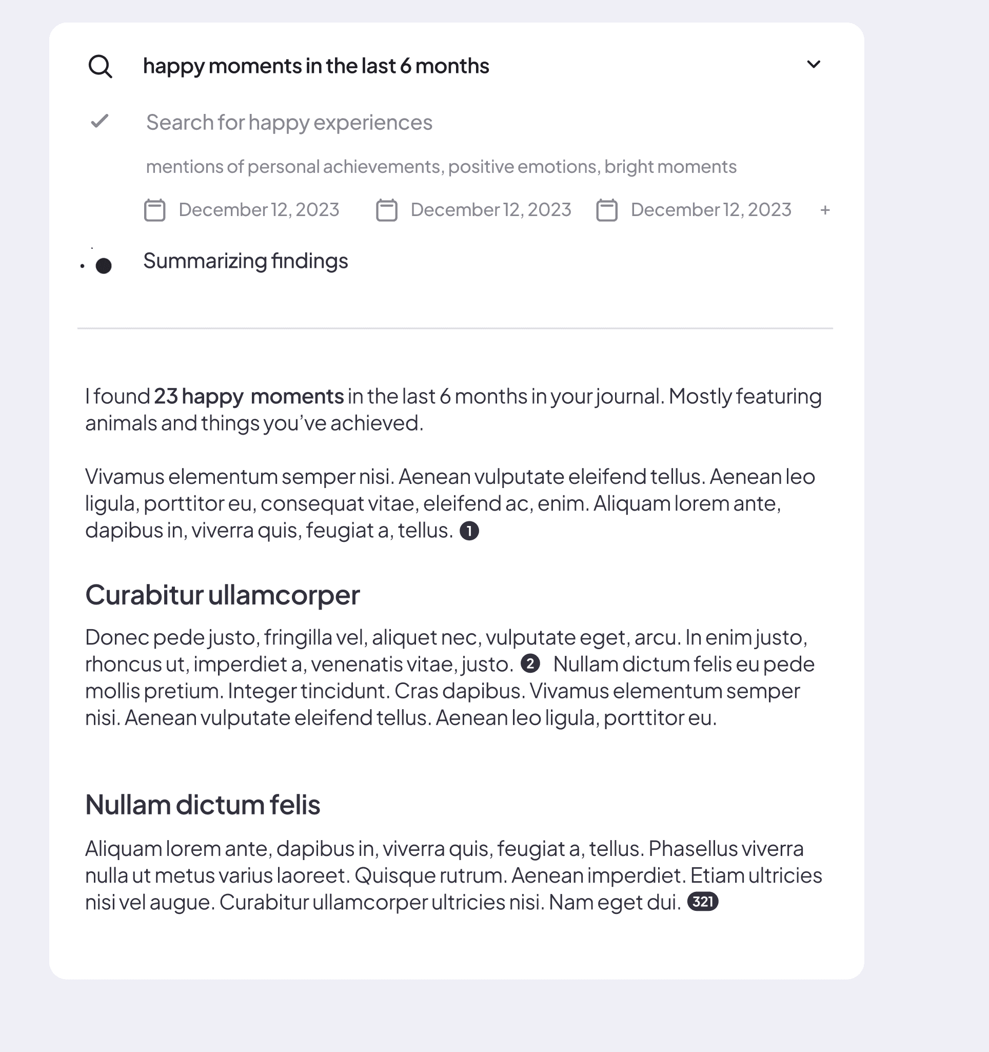 Search Agent card shows search themes, dated source chips, a summarizing stage and citation markers around placeholder text.