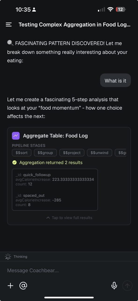 A Food Log aggregation tool call showing pipeline stages and two returned result groups.