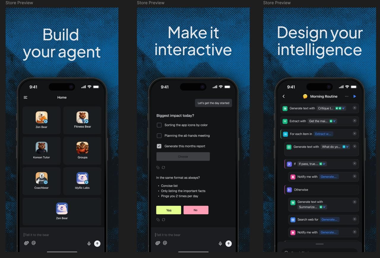 Store-preview artwork showing the agent library, interactive responses and the mobile function editor.