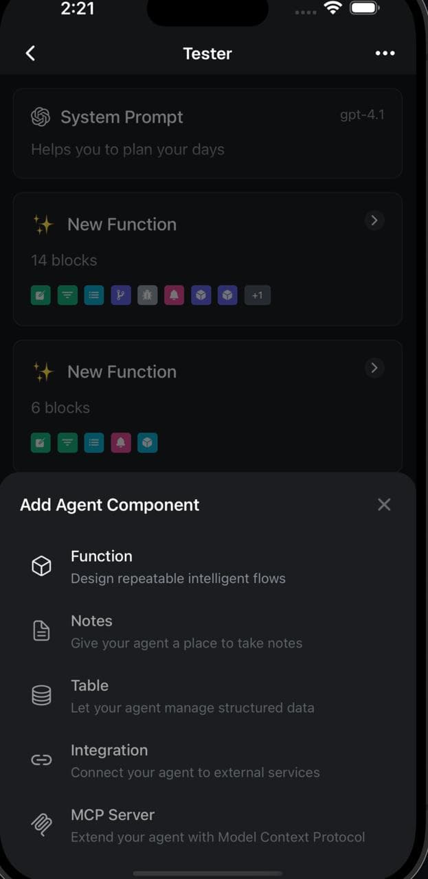 The Tester agent and its Add Agent Component menu.