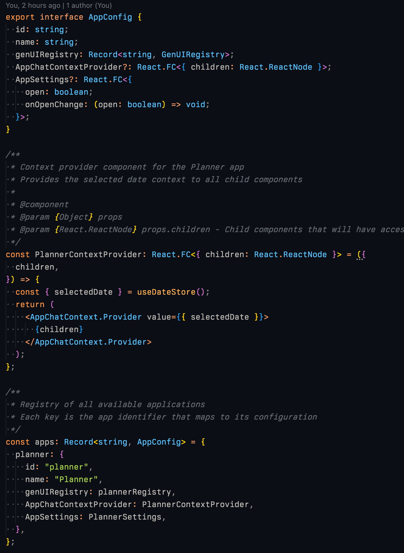 TypeScript application configuration registers planner components and supplies the selected date to chat.