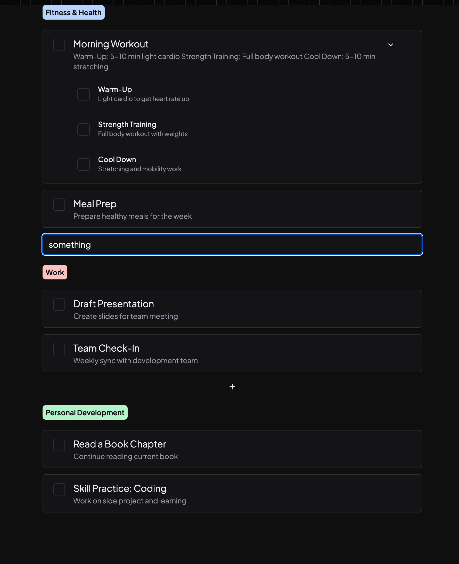 Planner component test showing categorized task cards and an expanded task with nested checkboxes.