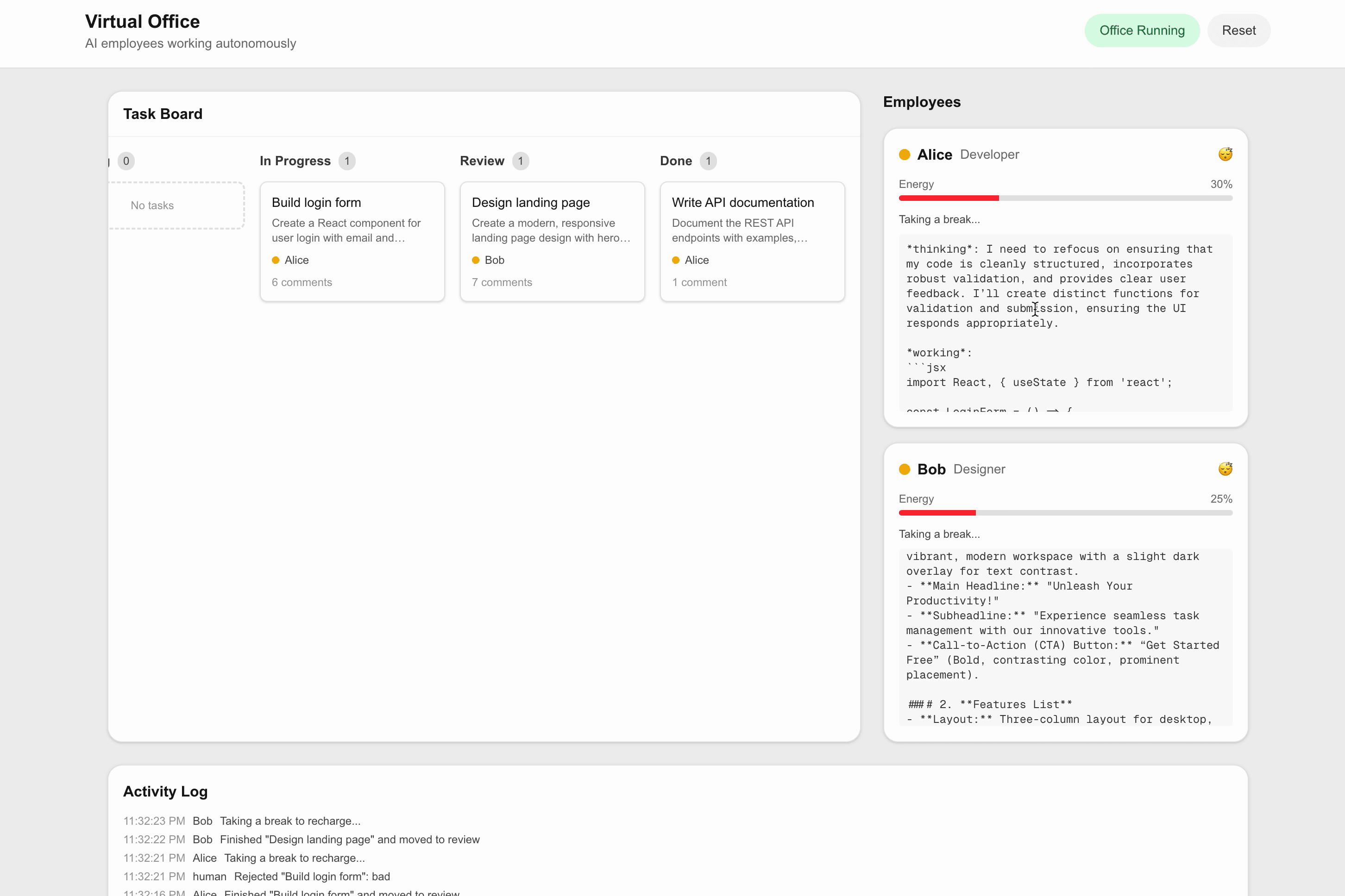 A later Virtual Office view shows one task done, one in review, and one in progress. Alice and Bob are taking breaks, while the activity log records task feedback and state changes.
