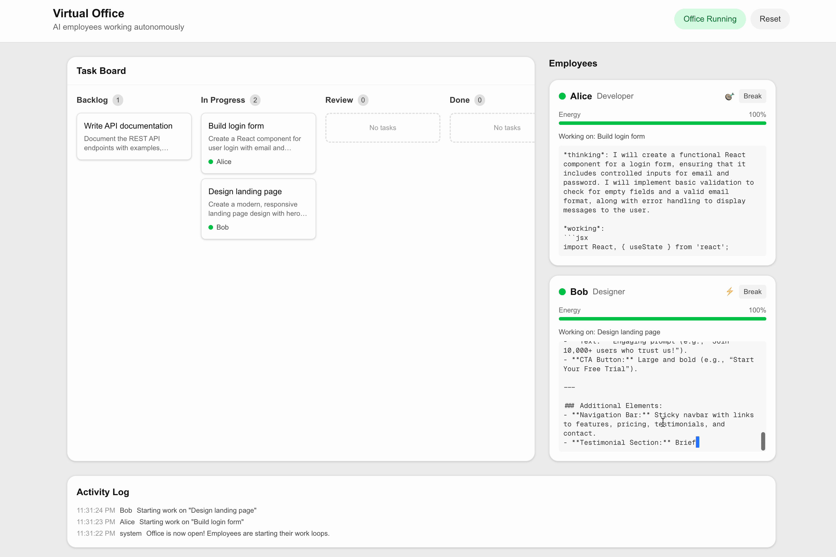 The Virtual Office prototype shows two tasks in progress, a documentation task in the backlog, and generated work from simulated employees Alice and Bob beside an activity log.