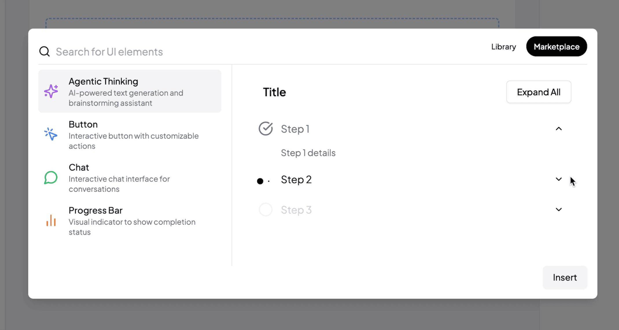 Component library with Agentic Thinking, Button, Chat and Progress Bar choices and a preview of completed, active and pending steps.