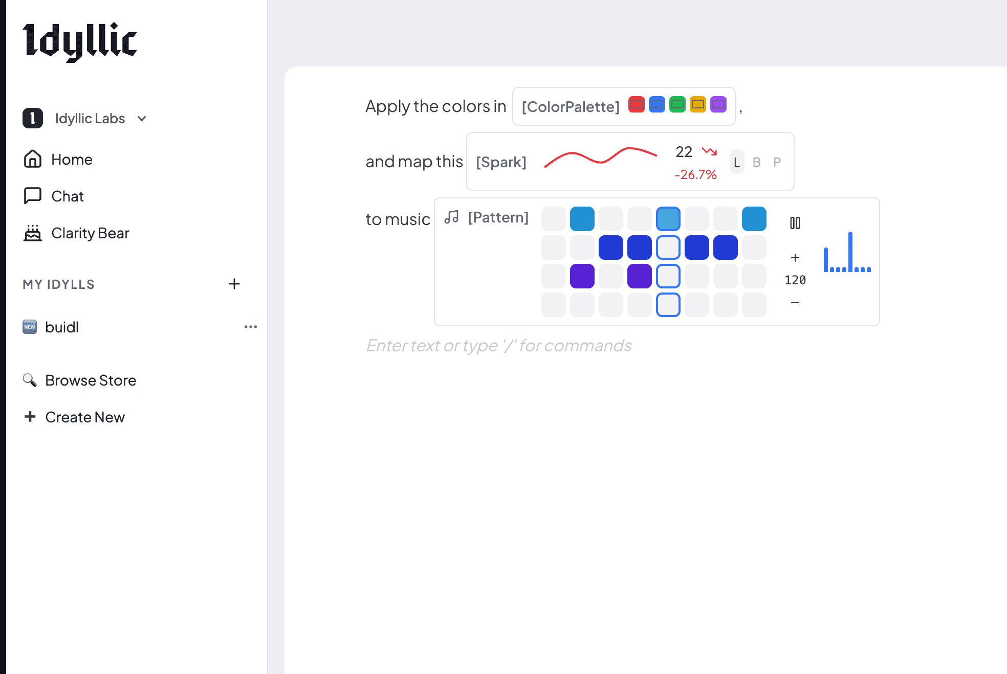 Inline palette, sparkchart and musical pattern with playback controls in an Idyllic prototype.