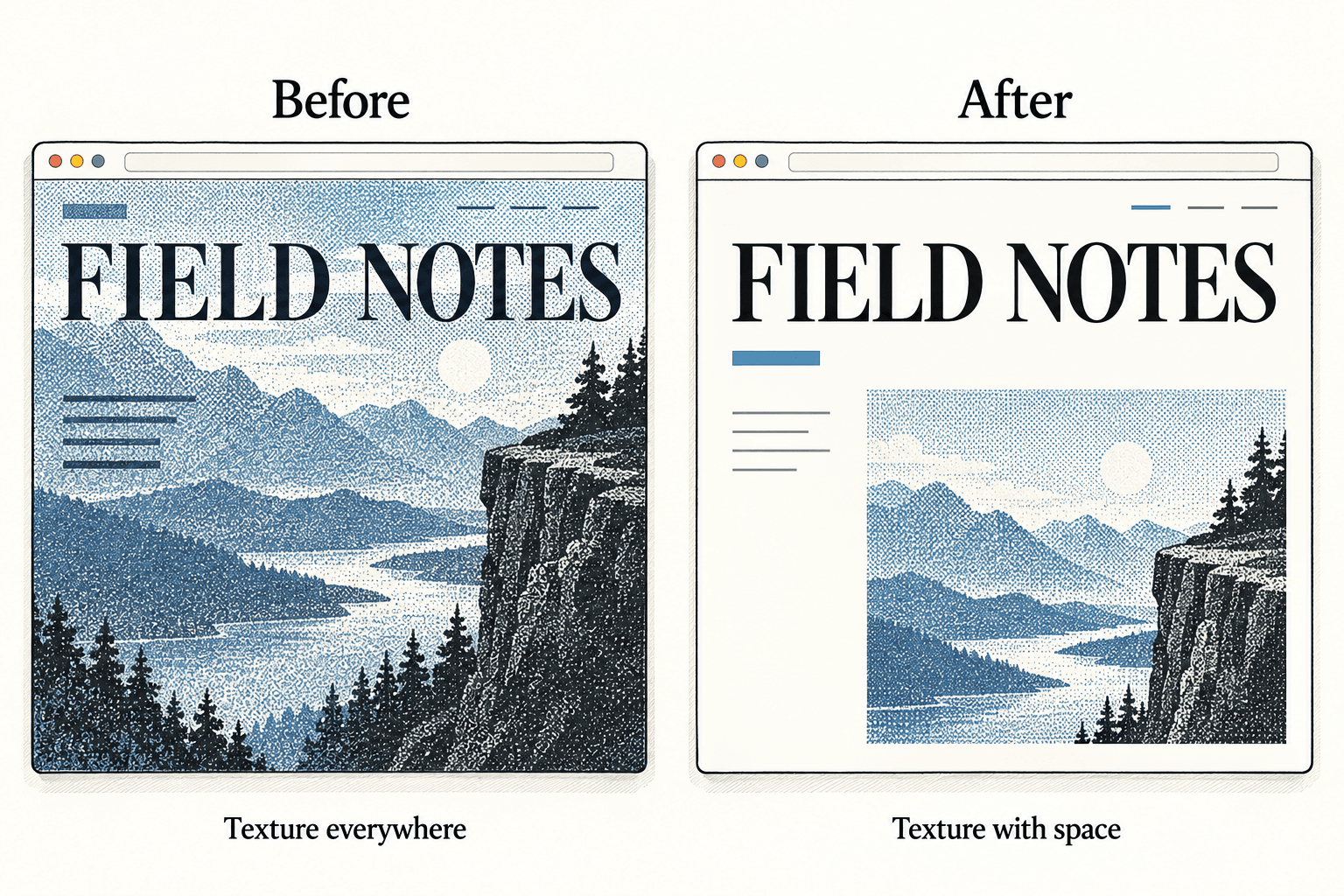 Two versions of a dithered website compare texture that competes with the text with texture contained in the image.