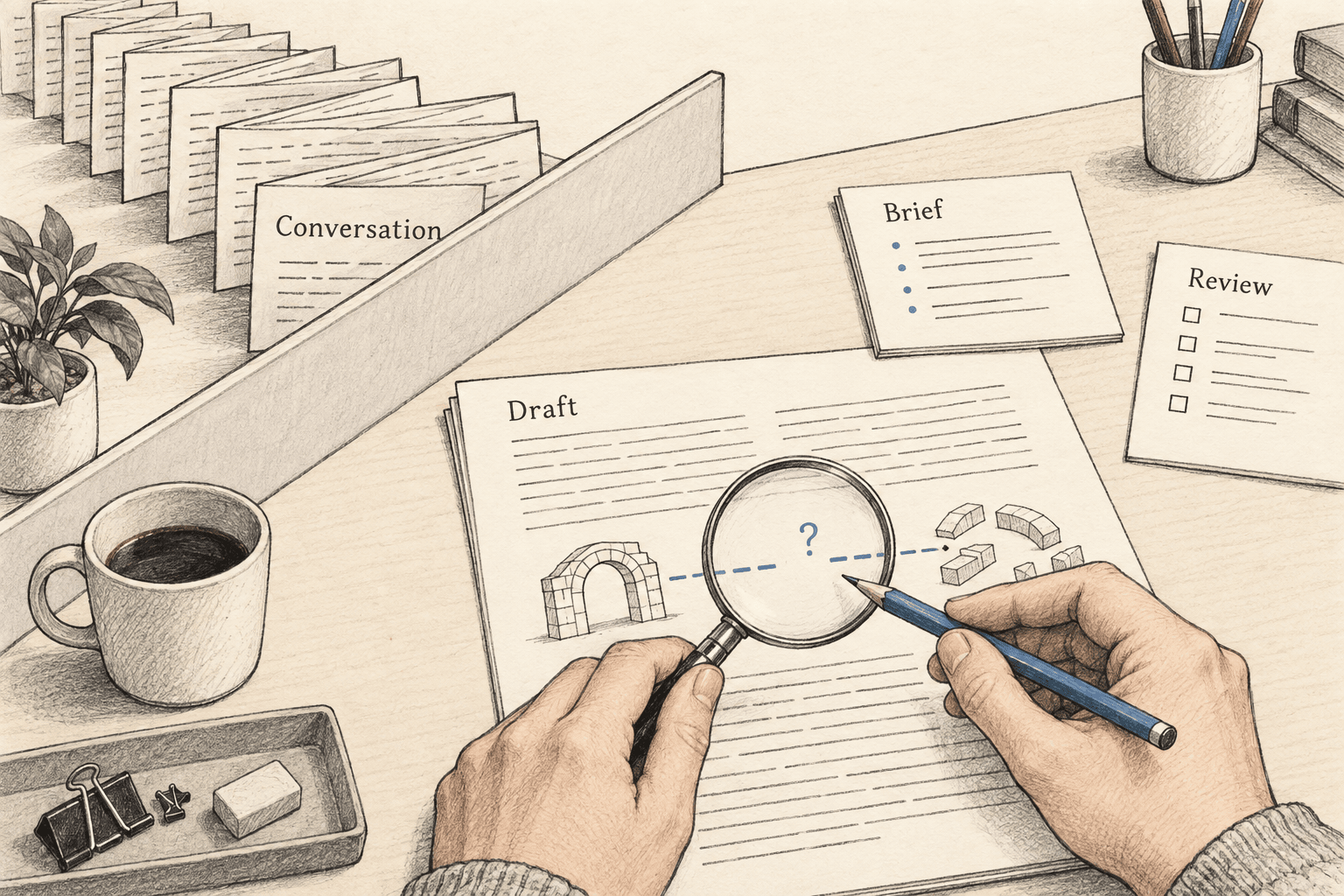 A proofreader checks a draft for a missing explanation while the writing conversation remains behind a partition.