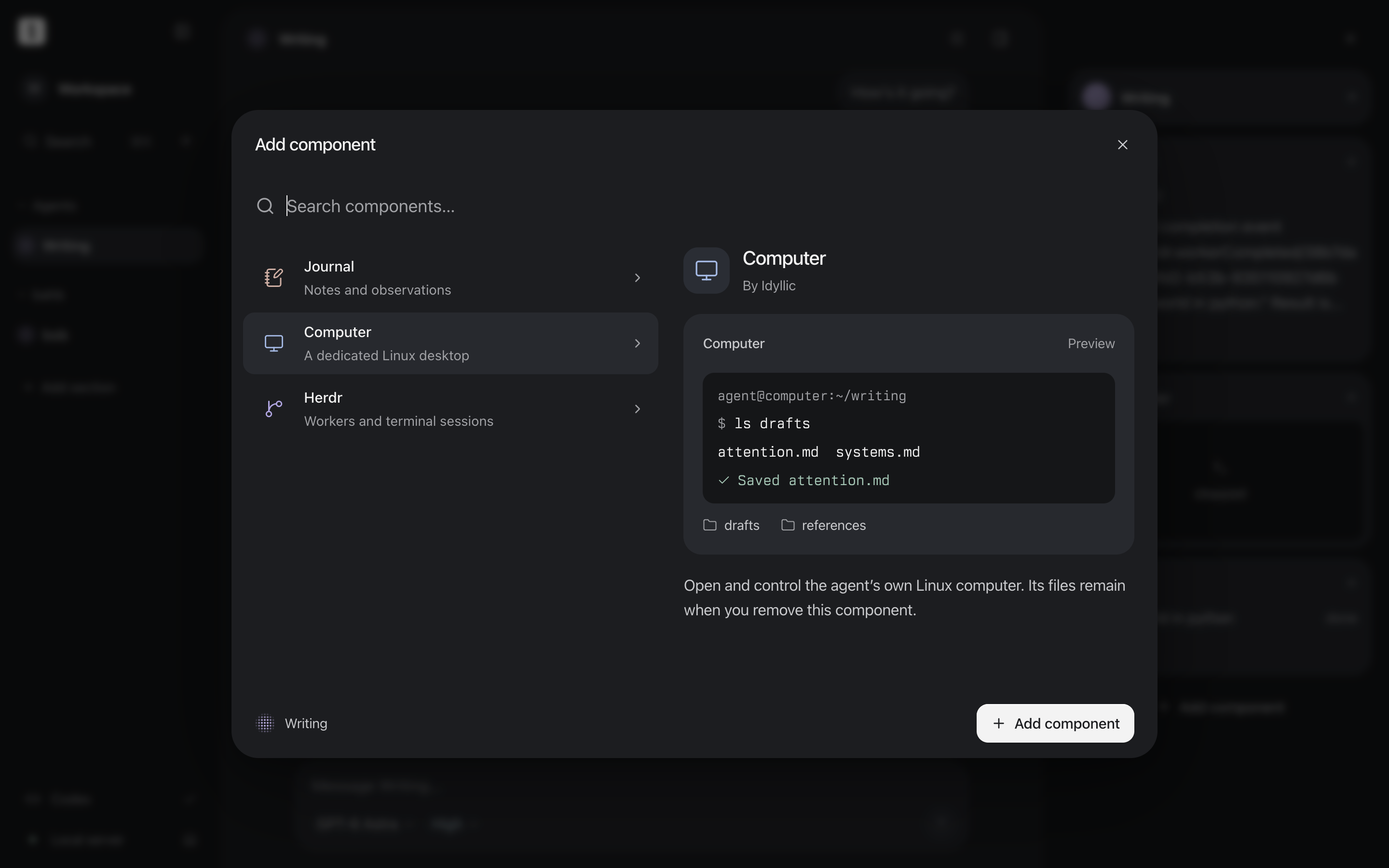 Idyllic's Add component dialog, with Journal, Computer and Herdr on the left and a Computer preview on the right.
