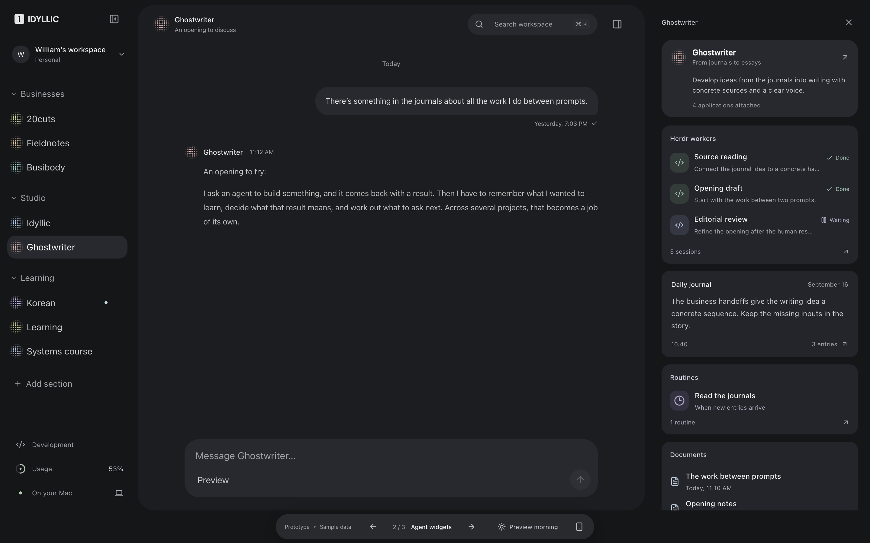Idyllic interface study with agents on the left, a Ghostwriter conversation in the center, and component cards in the right sidebar.